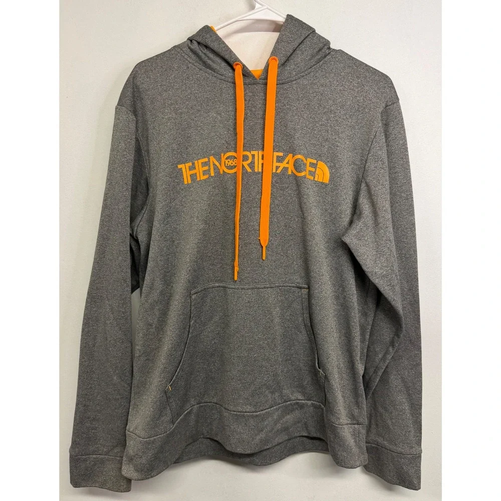 The North Face Mens Gray Orange Logo‎ Pullover Hoodie Sweatshirt Medium TC2D